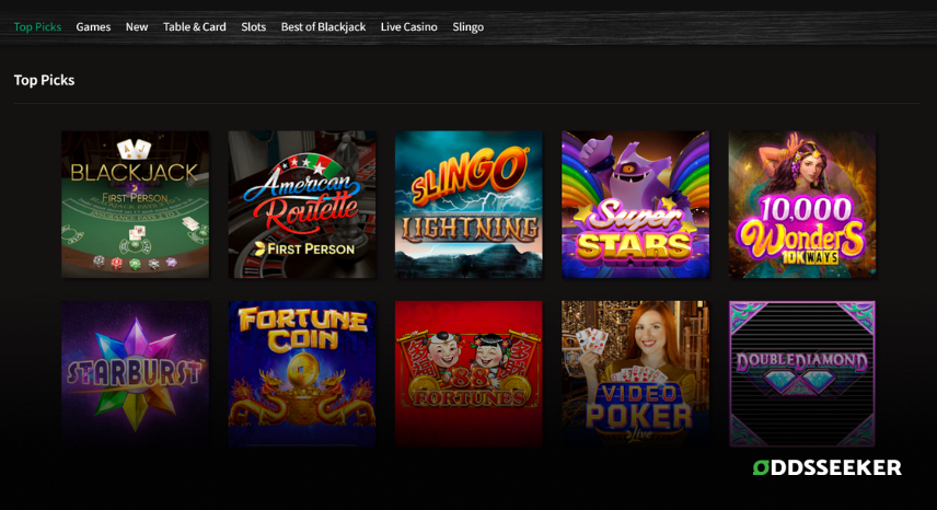 A screenshot of the desktop casino games library page for PlayStar